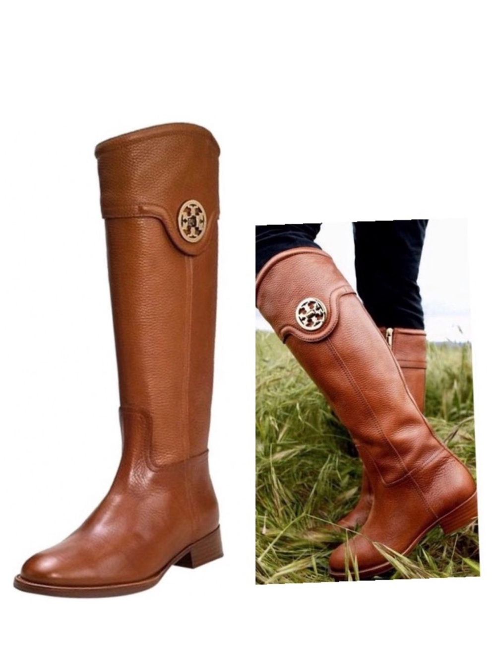 Tory Burch Chestnut Leather Knee-High Logo Riding Boots